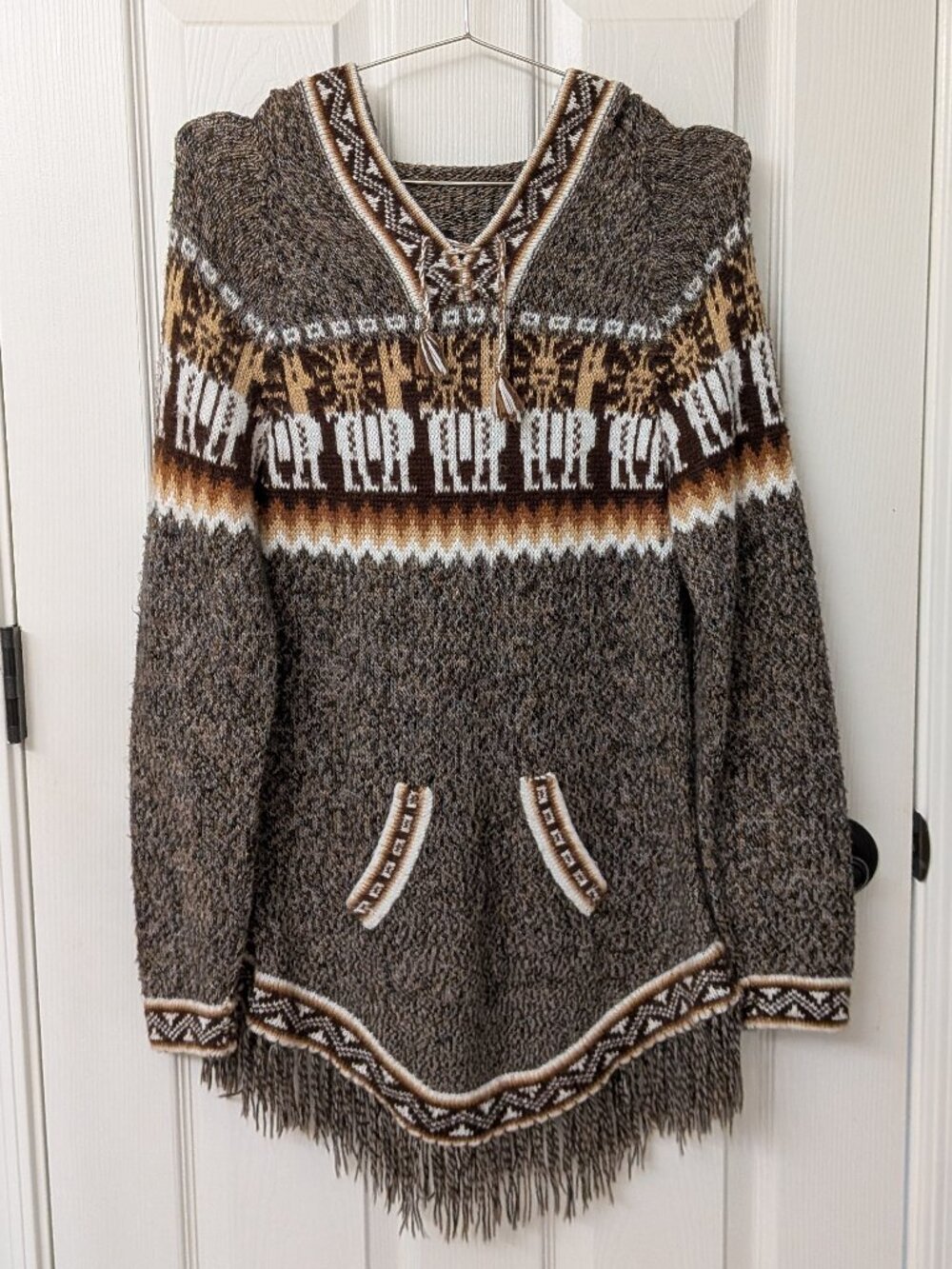 Women's Alpaca Wool Baja Hoodie Sweater Fringe Boho Peruvian | SZ Small